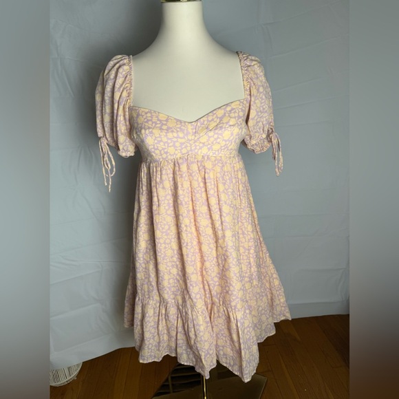 The Impeccable Pig Orange and Purple Ruched Puff Sleeve Midi Dress - Picture 1 of 8
